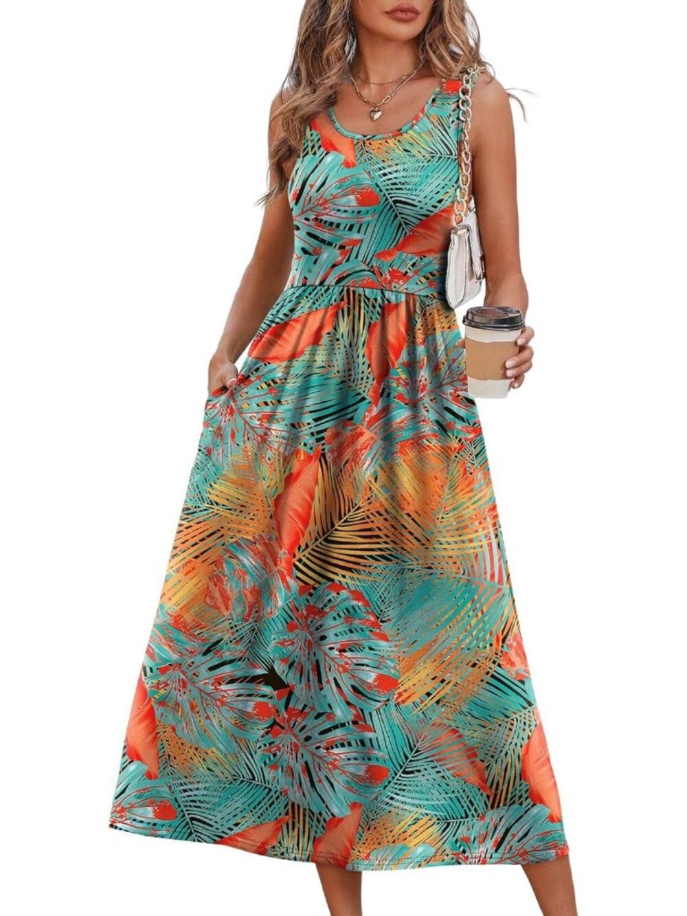 Women's Midi Dresses Floral Coconut Leaves Scoop Neck Sleeveless Summer Casual